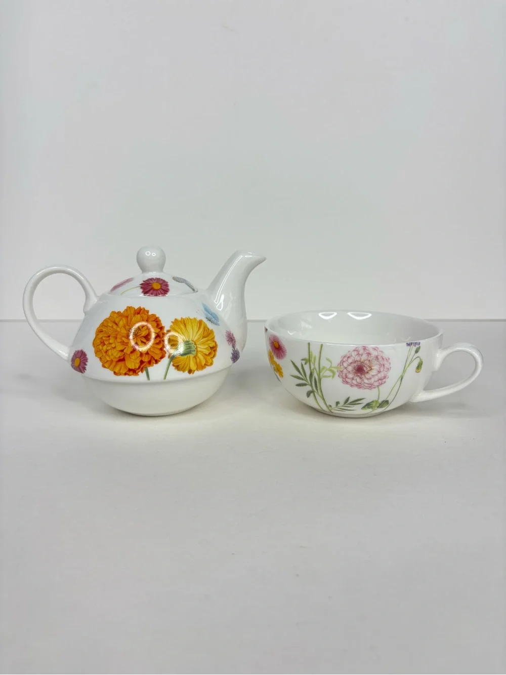 Gracie China Floral Ceramic Tea for One Set with Yellow Marigold Motif Pot & Cup